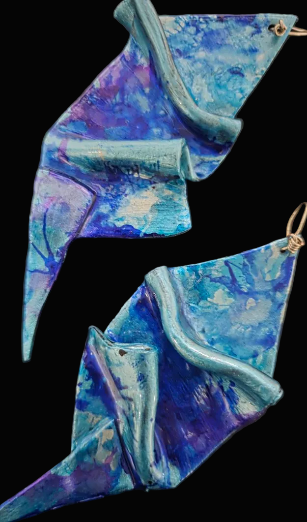Blue Alcohol Ink Sculpted Geometric Oversized Pierced Earrings ~ Bold