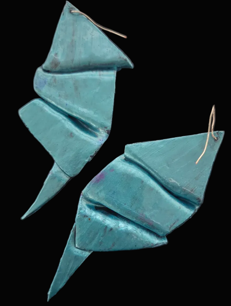 Blue Alcohol Ink Sculpted Geometric Oversized Pierced Earrings ~ Bold