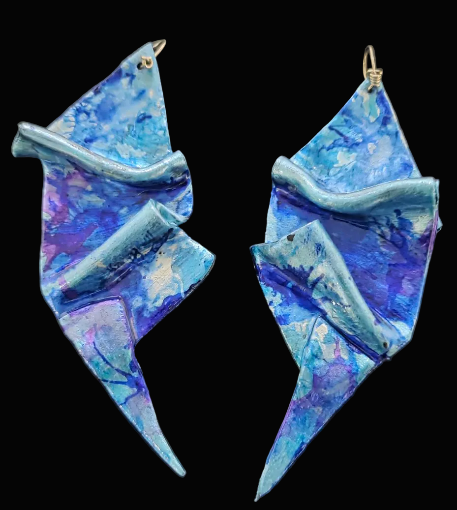 Blue Alcohol Ink Sculpted Geometric Oversized Pierced Earrings ~ Bold