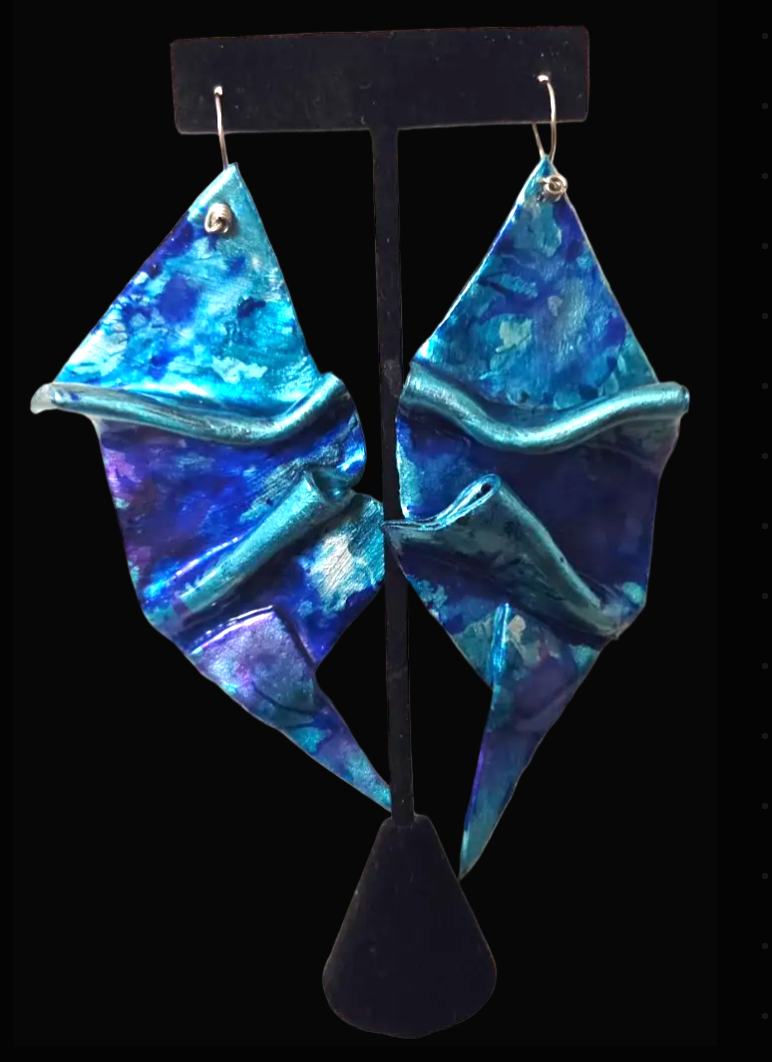 Blue Alcohol Ink Sculpted Geometric Oversized Pierced Earrings ~ Bold