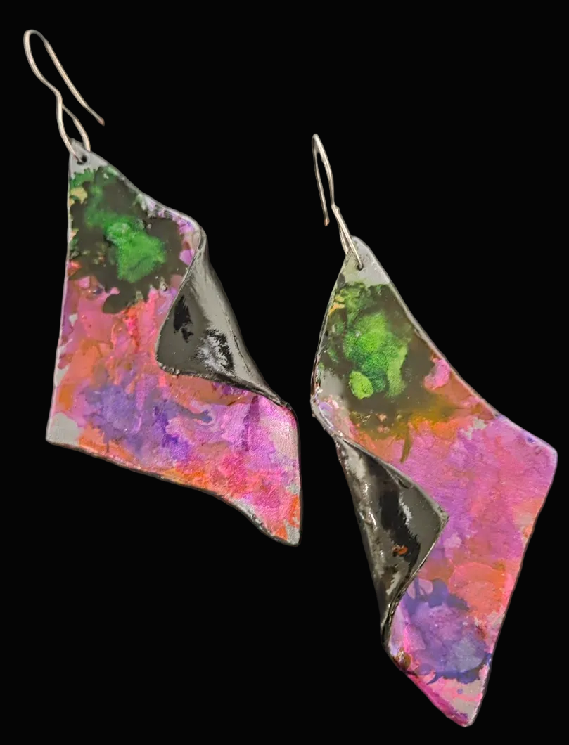 Sculpted Wing Style Pierced Earrings in Jewel Tone Alcohol Inks - Sexy