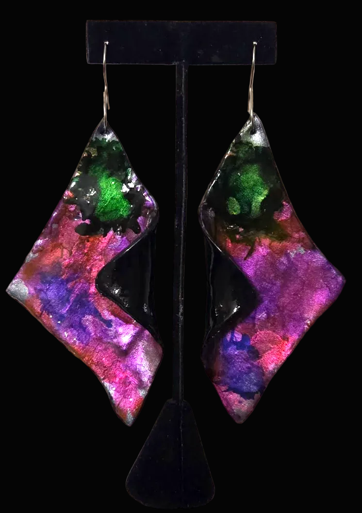 Sculpted Wing Style Pierced Earrings in Jewel Tone Alcohol Inks - Sexy