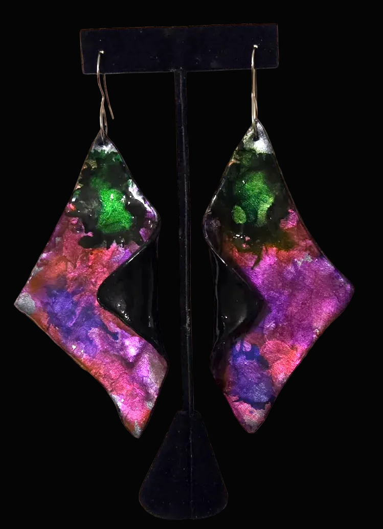 Sculpted Wing Style Pierced Earrings in Jewel Tone Alcohol Inks - Sexy