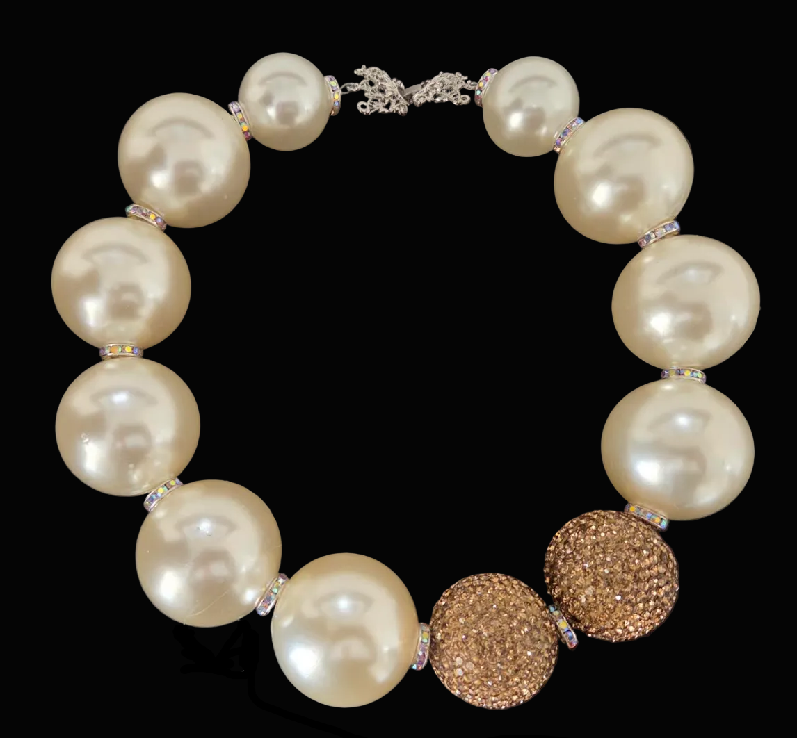Oversized Ivory Faux Pearl Statement Necklace - Copper Rhinestone Ball