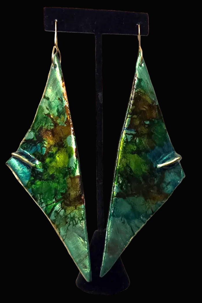 Green Triangular Hand Sculpted Long Pierced Earrings - Luxury OOAK