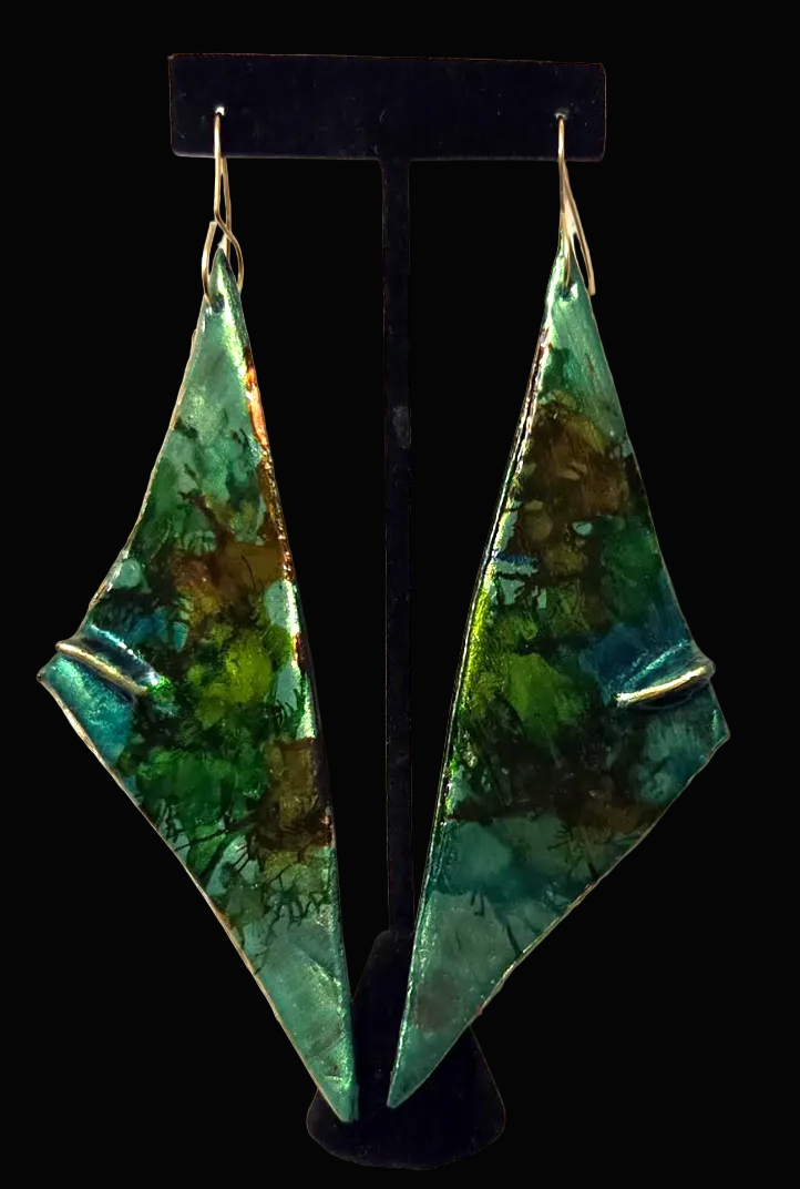 Green Triangular Hand Sculpted Long Pierced Earrings - Luxury OOAK