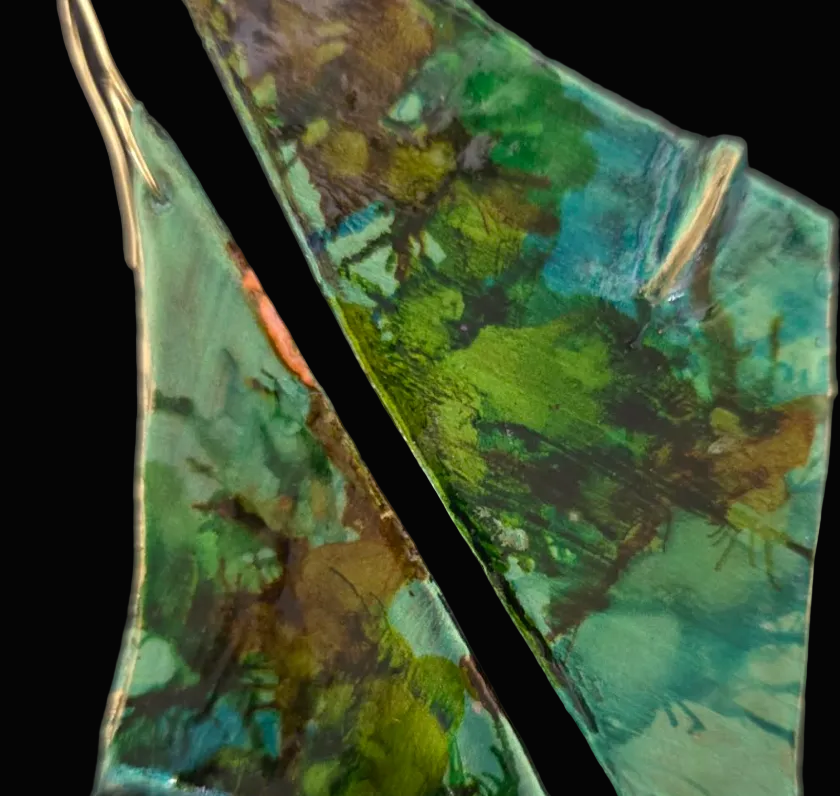 Green Triangular Hand Sculpted Long Pierced Earrings - Luxury OOAK