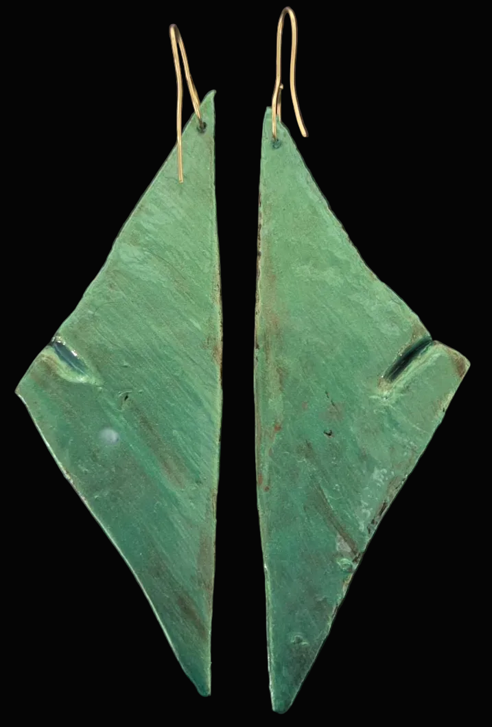 Green Triangular Hand Sculpted Long Pierced Earrings - Luxury OOAK