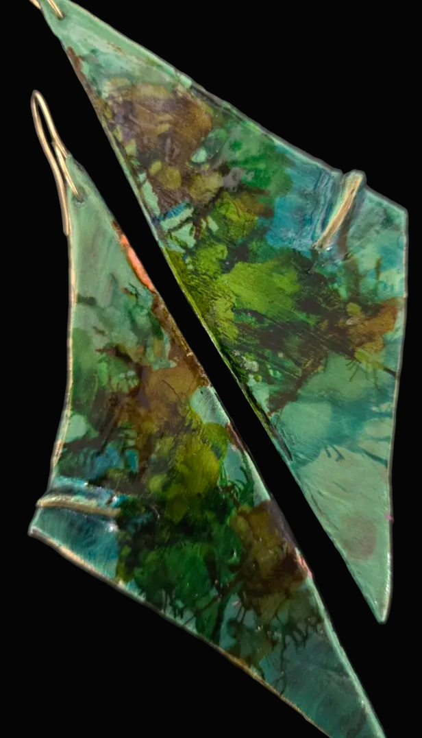 Green Triangular Hand Sculpted Long Pierced Earrings - Luxury OOAK