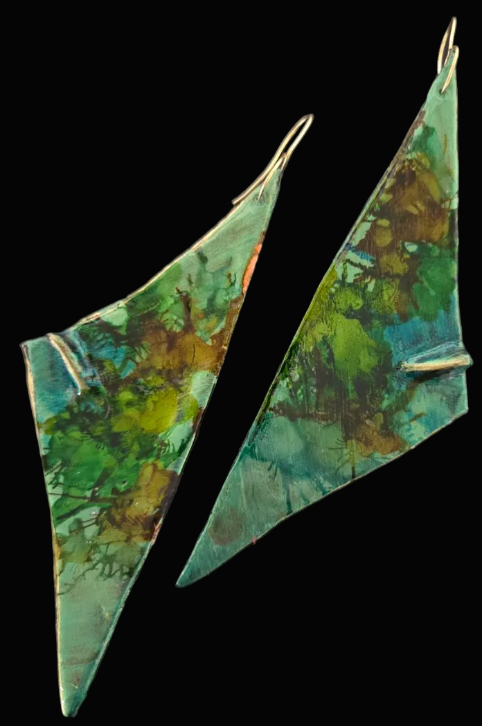 Green Triangular Hand Sculpted Long Pierced Earrings - Luxury OOAK
