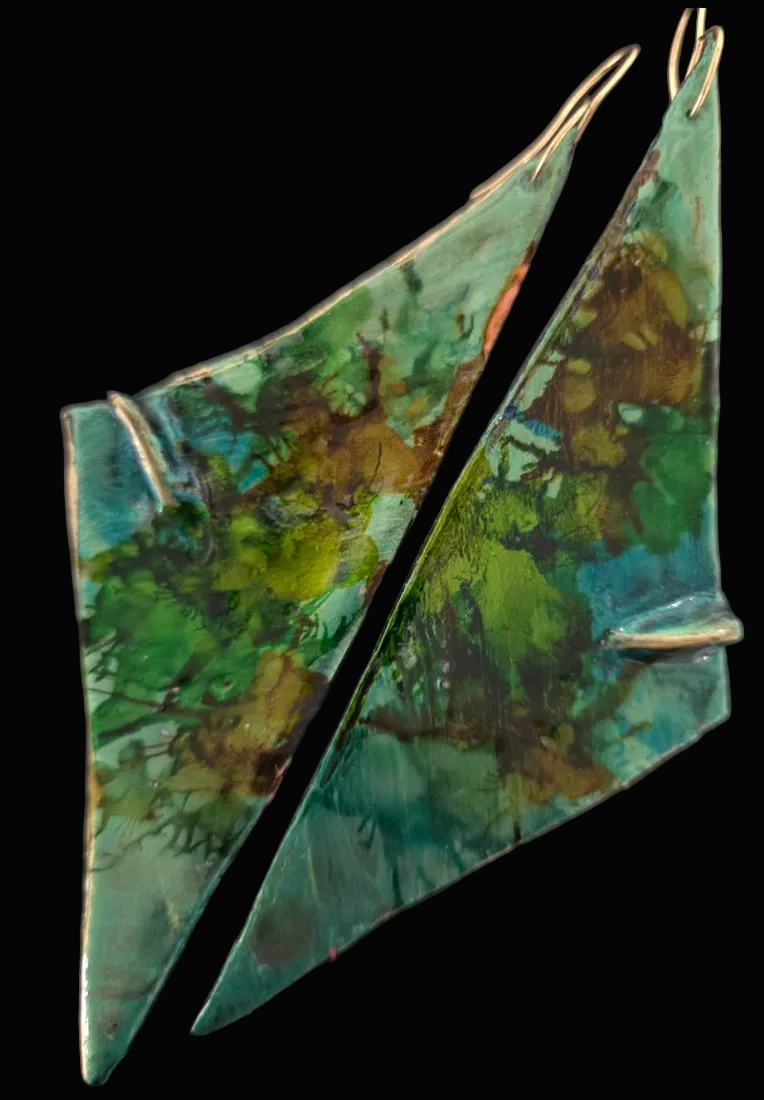 Green Triangular Hand Sculpted Long Pierced Earrings - Luxury OOAK