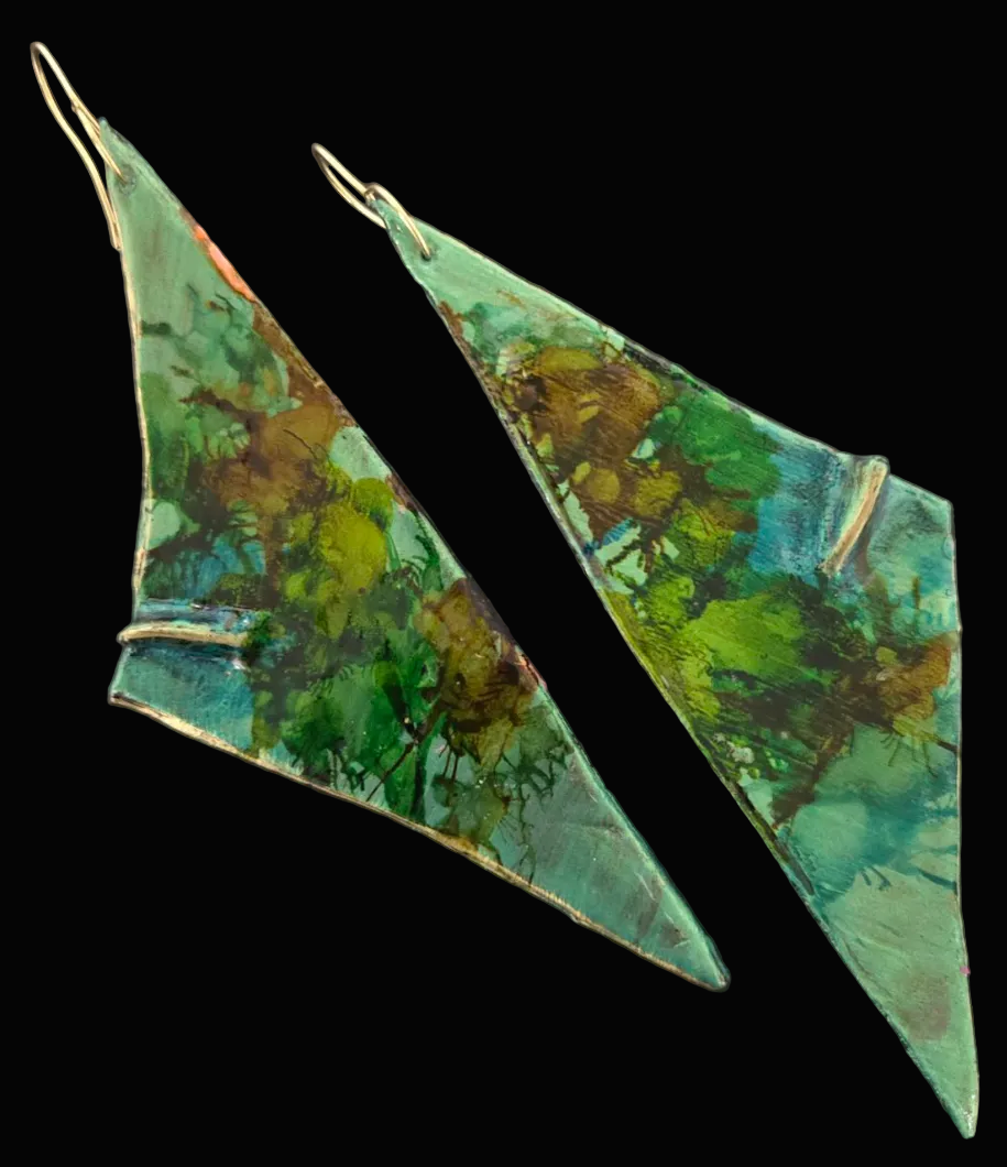 Green Triangular Hand Sculpted Long Pierced Earrings - Luxury OOAK