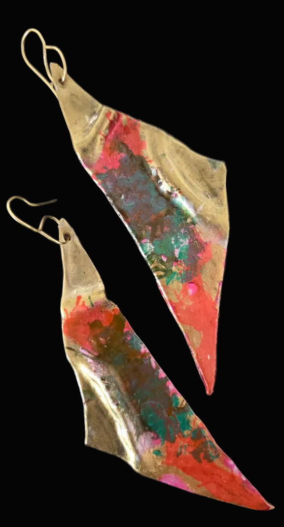 Colorful Faux Gold Metal Wing-Like Long Pierced Earrings - OOAK
