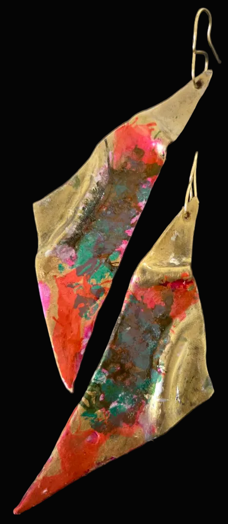 Colorful Faux Gold Metal Wing-Like Long Pierced Earrings - OOAK