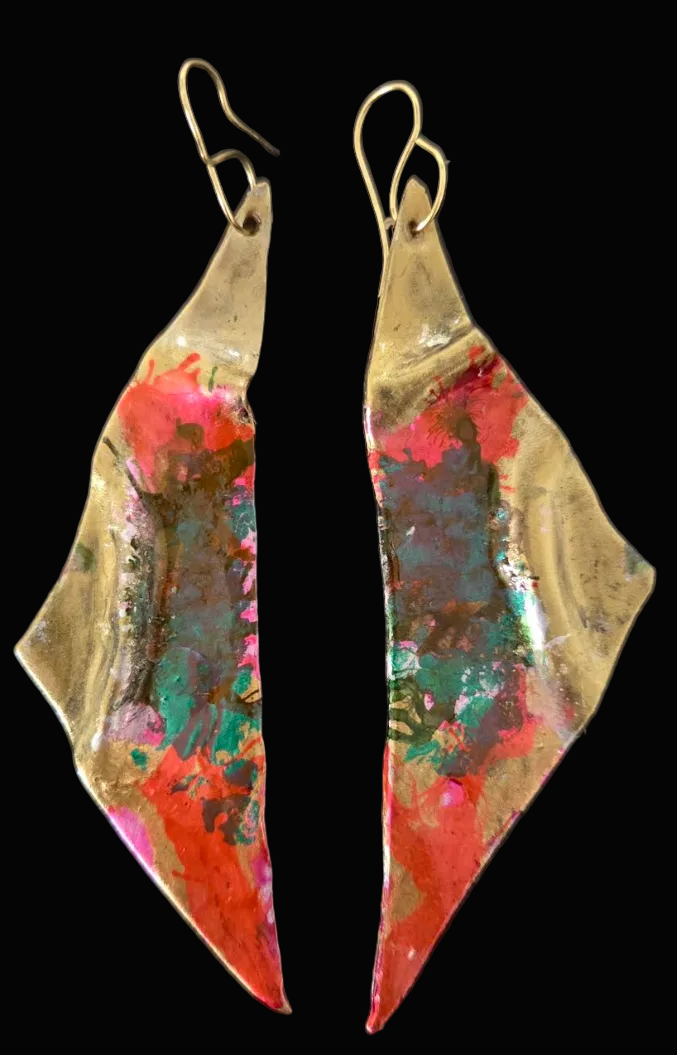 Colorful Faux Gold Metal Wing-Like Long Pierced Earrings - OOAK