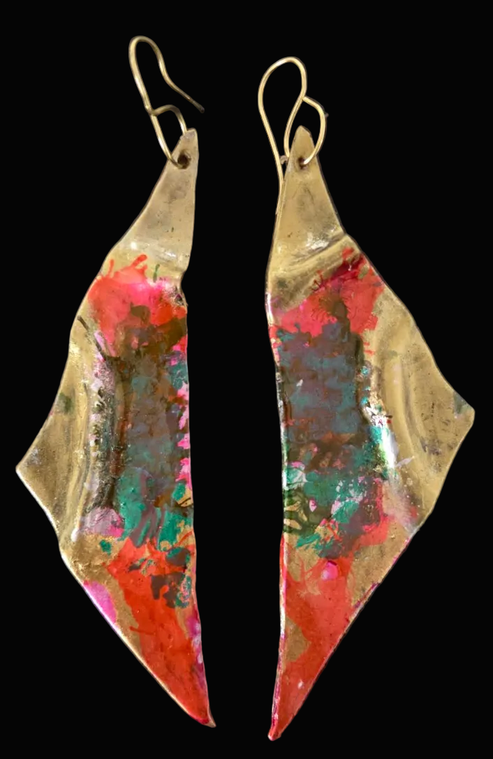 Colorful Faux Gold Metal Wing-Like Long Pierced Earrings - OOAK