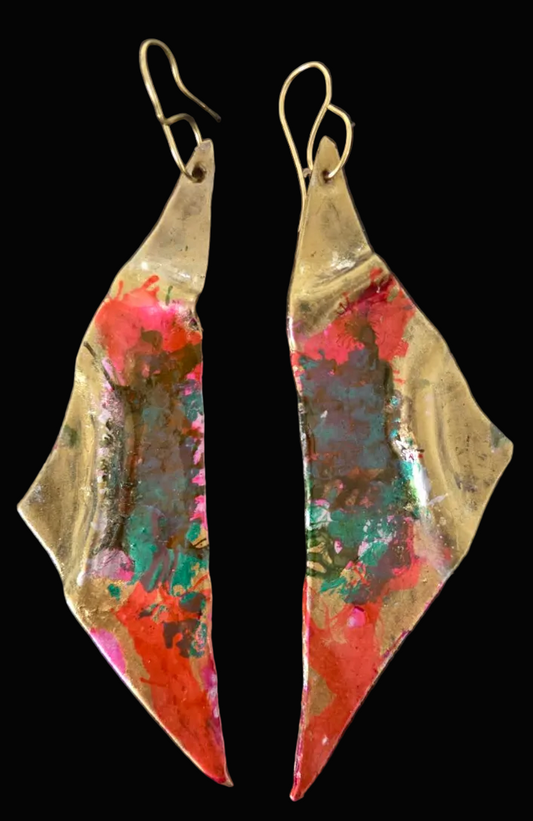 Colorful Faux Gold Metal Wing-Like Long Pierced Earrings - OOAK