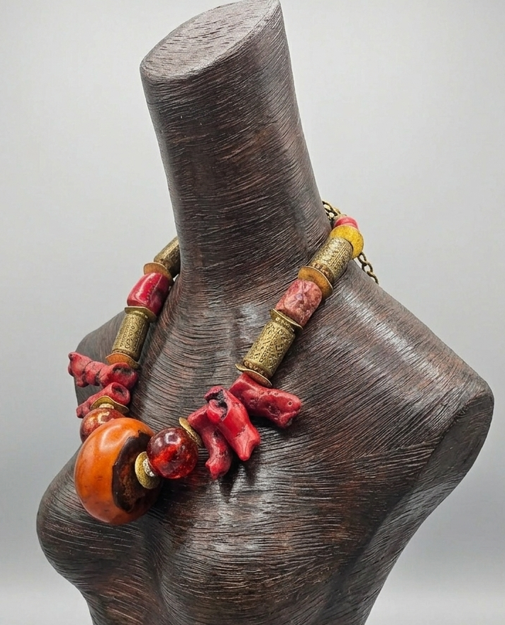 Exotic Asian Inspired Red Coral Resin & Tibetan Brass Statement Necklace