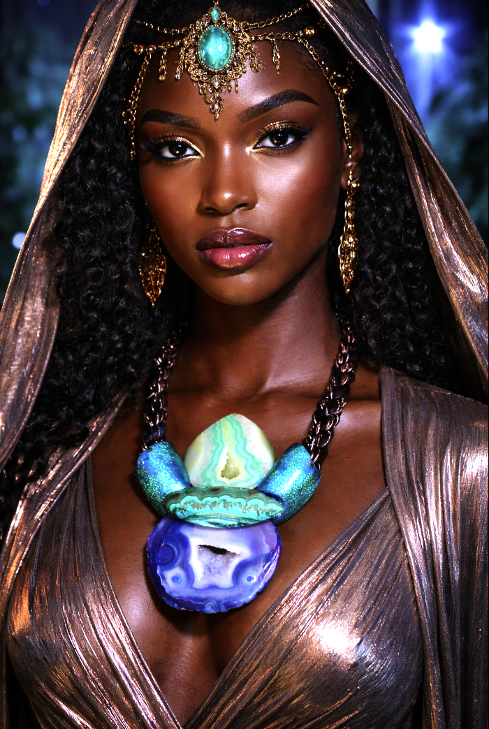 Druzy Agate & Malachite Sculpted Unisex Chest Piece With Metallic Rope
