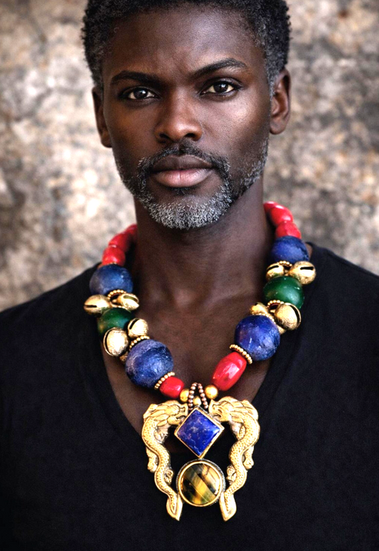 Luxury Tribal Beaded Statement Necklace - Double Dragon Brass Pendant