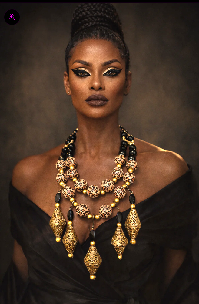 Onyx Leopard & Tibetan Brass Repousse Beaded Dangle Chest Piece - Luxe