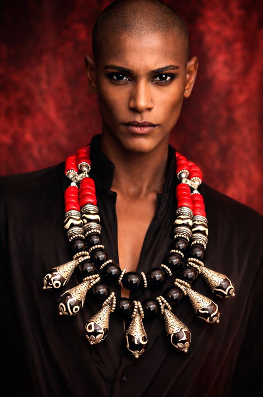 Black Red Silver Tribal Beaded Bib with Tibetan Teardrops - Artifact