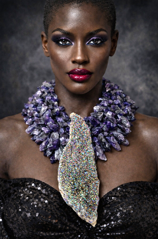 Titanium Aura & Rough Amethyst Statement Necklace - OOAK Luxury