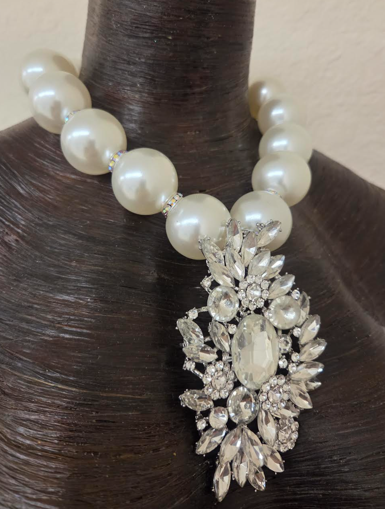Oversized Faux Pearls with an Art Deco Diamante Pendant - Bling Bling