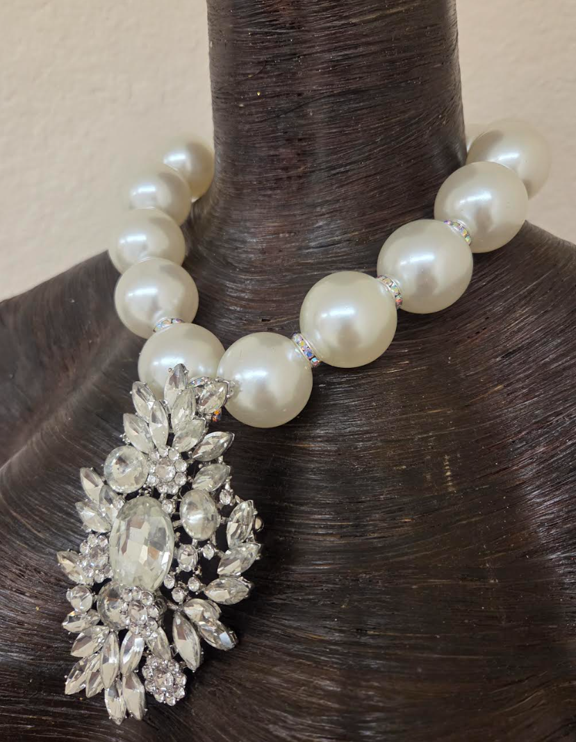 Oversized Faux Pearls with an Art Deco Diamante Pendant - Bling Bling
