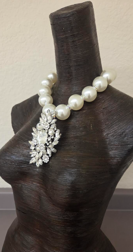 Oversized Faux Pearls with an Art Deco Diamante Pendant - Bling Bling
