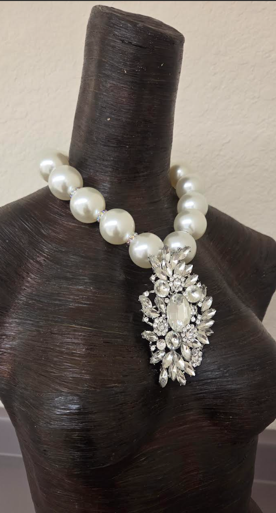 Oversized Faux Pearls with an Art Deco Diamante Pendant - Bling Bling