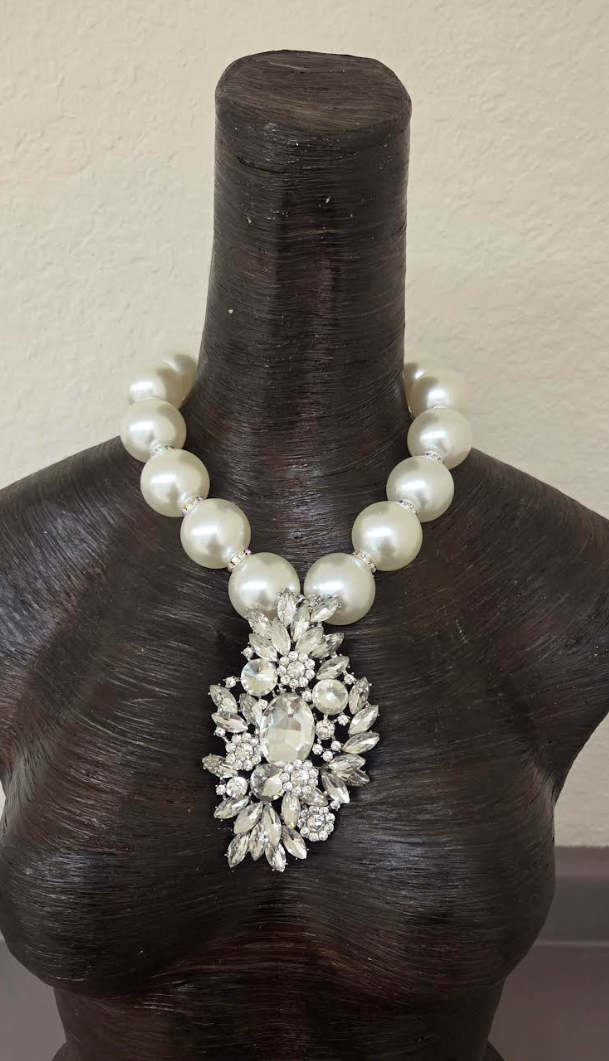 Oversized Faux Pearls with an Art Deco Diamante Pendant - Bling Bling