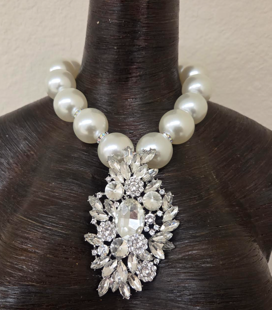 Oversized Faux Pearls with an Art Deco Diamante Pendant - Bling Bling