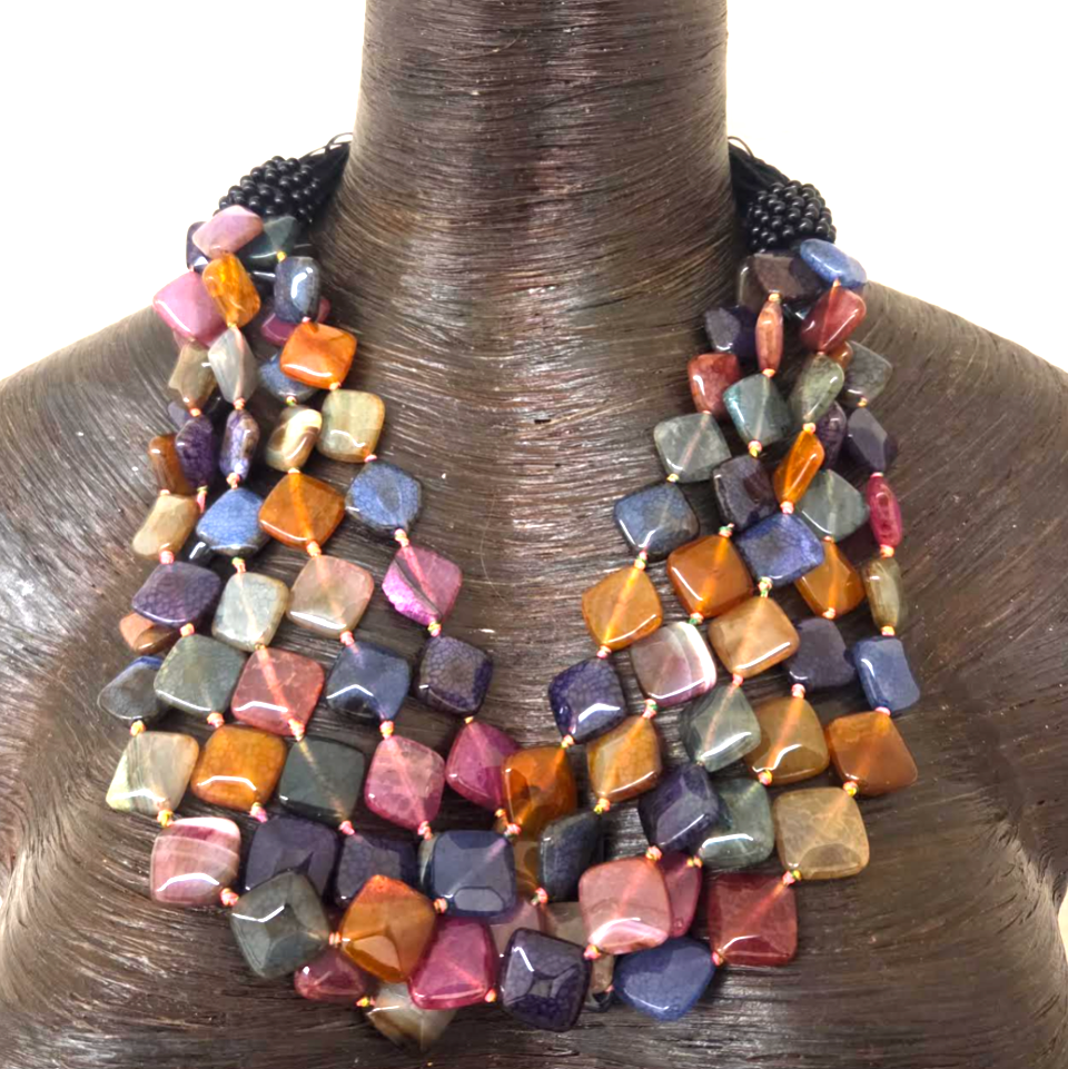Multi Strand Colorful Agate Statement Necklace - Business Appropriate