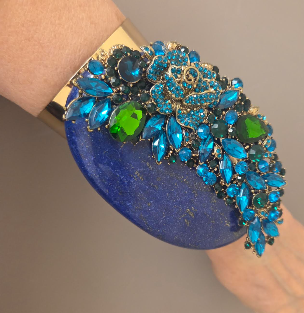 Lapis Lazuli Bejeweled Wide Statement Cuff : High End Wrist Candy