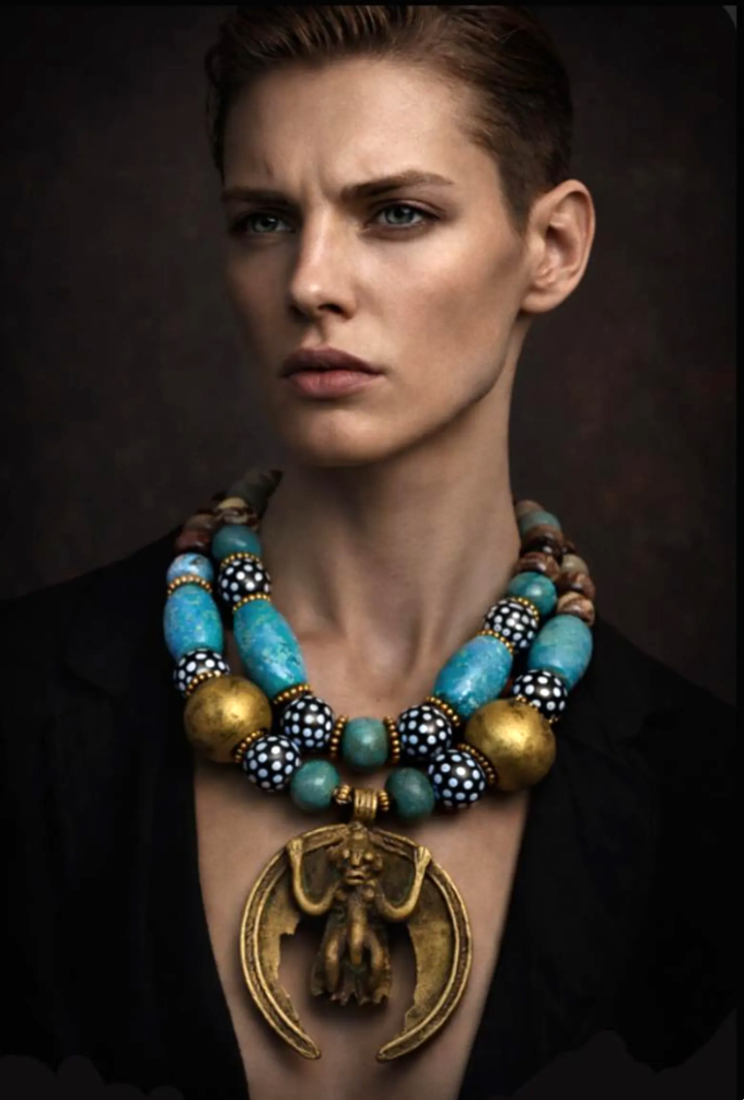 African Beaded Tribal Statement Necklace - Brass Monkey Pendant