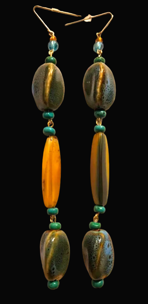 Olivine Chunky Super Long Pierced Statement Earrings -  Earth Tones