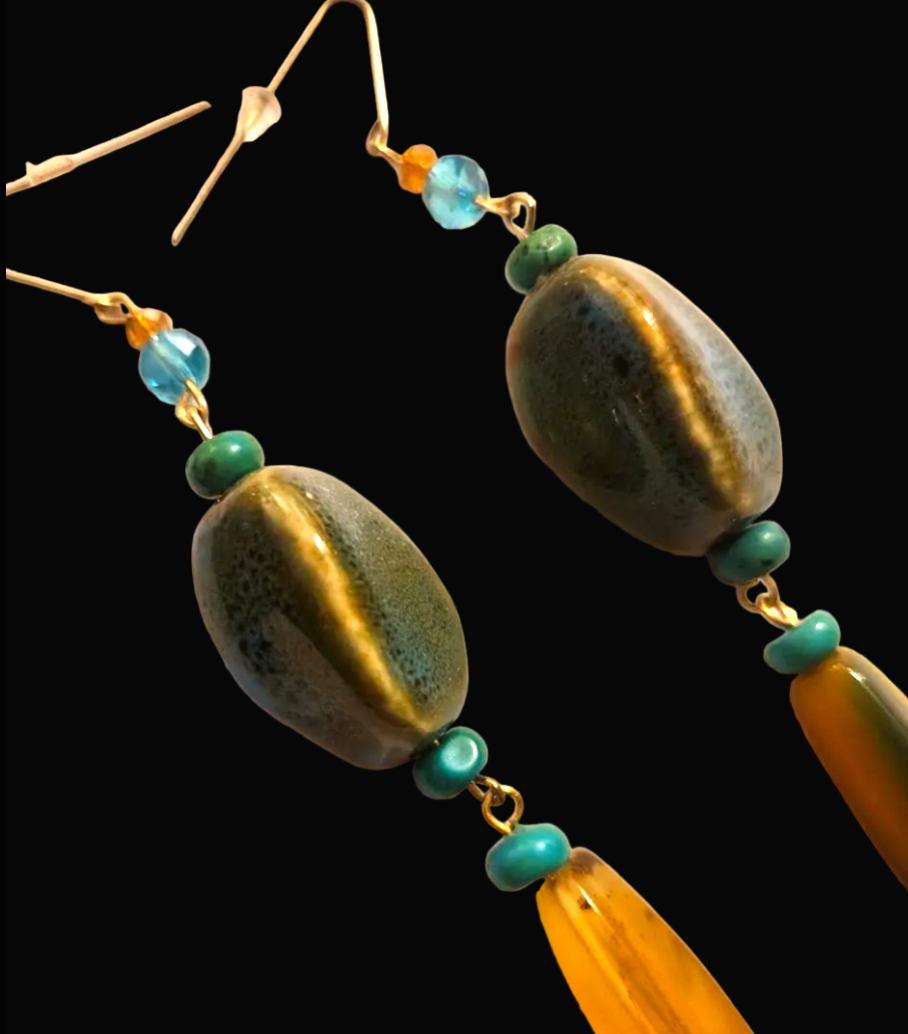 Olivine Chunky Super Long Pierced Statement Earrings -  Earth Tones