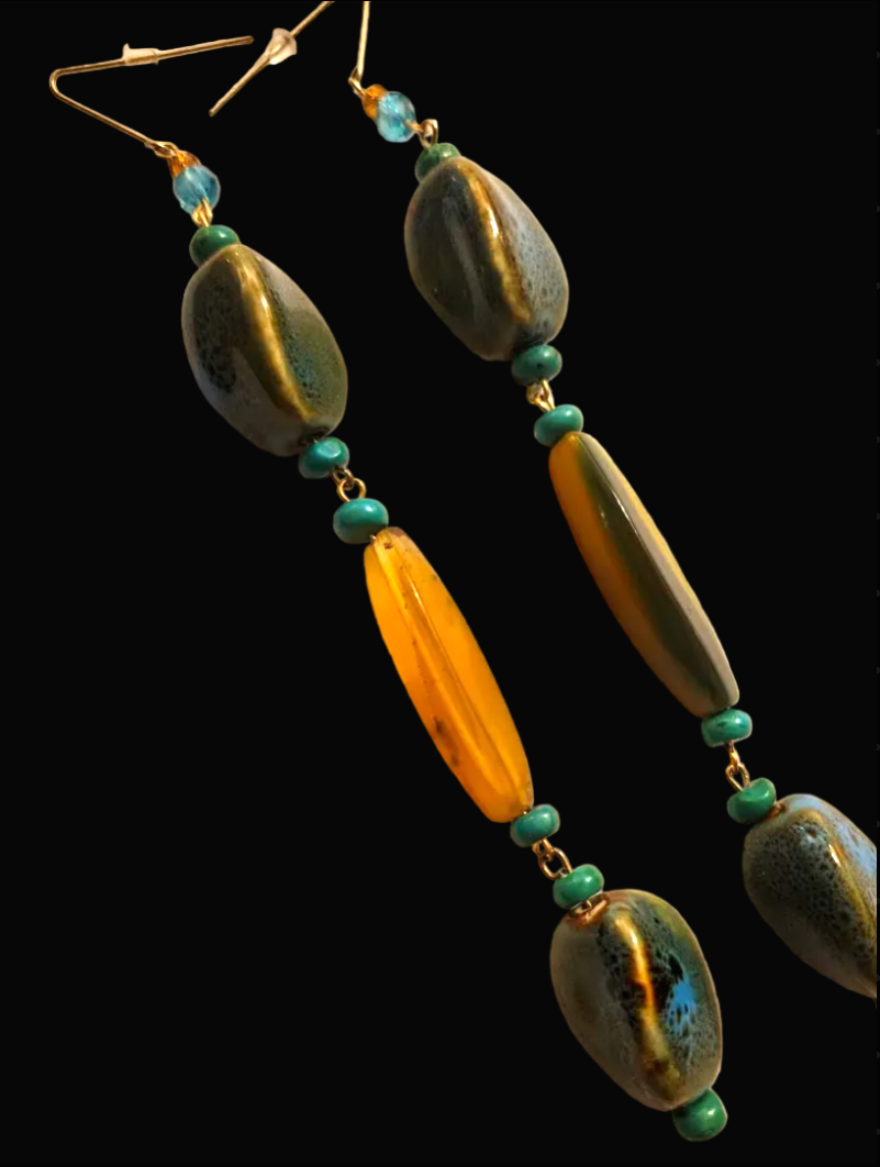 Olivine Chunky Super Long Pierced Statement Earrings -  Earth Tones