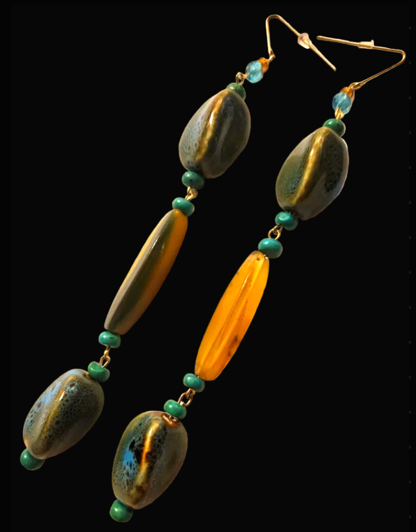 Olivine Chunky Super Long Pierced Statement Earrings -  Earth Tones