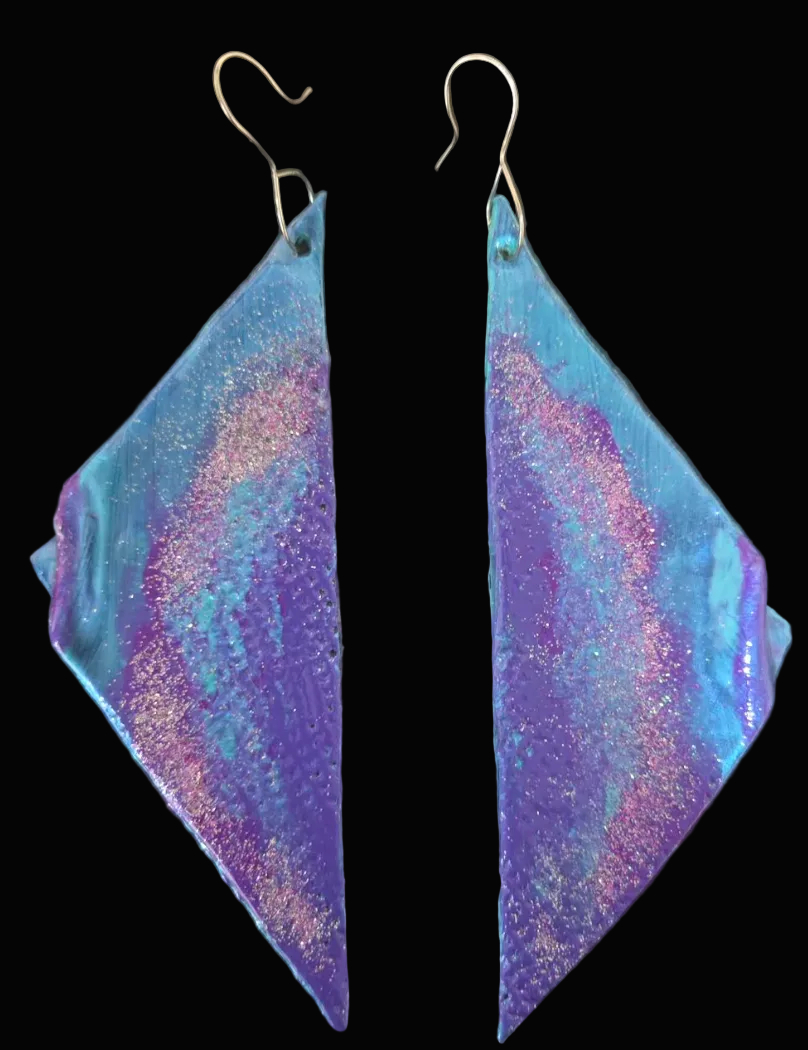 Metallic Blue, Purple & Pink Oversized Wing Shoulder Duster Earrings