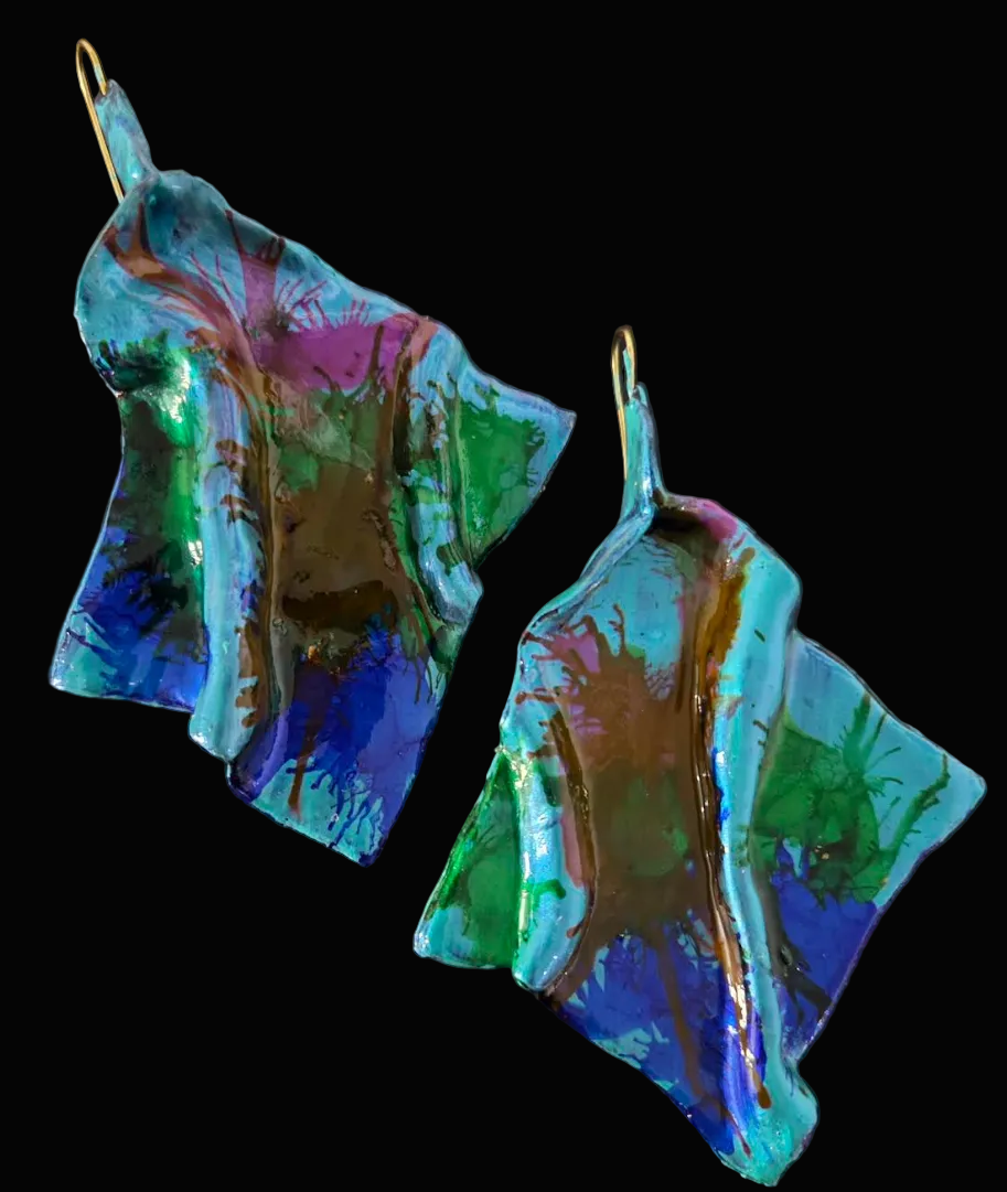 Sculpted Avant Garde Jewel Tone Alcohol Ink Pierced Earrings - Couture