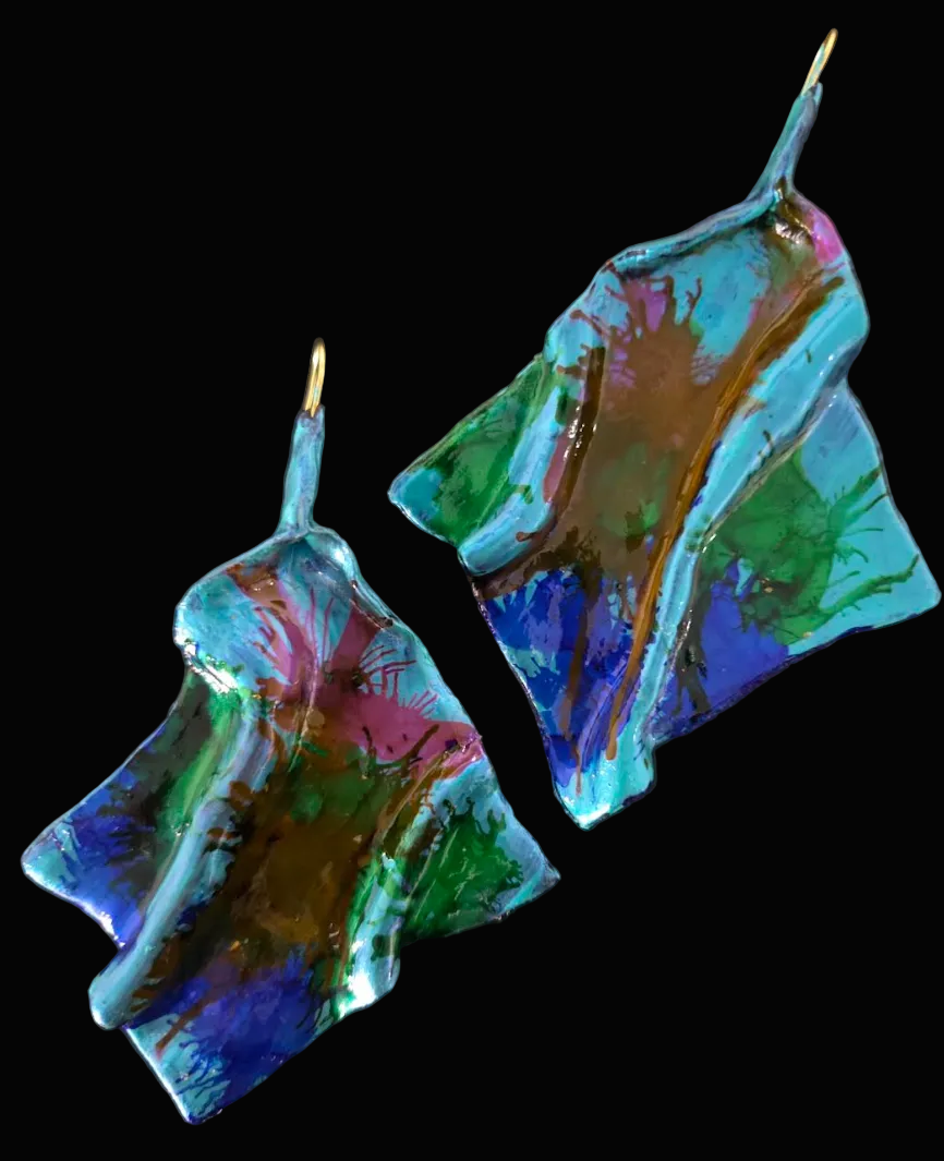 Sculpted Avant Garde Jewel Tone Alcohol Ink Pierced Earrings - Couture