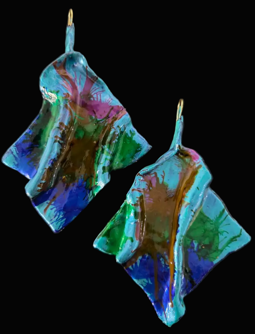 Sculpted Avant Garde Jewel Tone Alcohol Ink Pierced Earrings - Couture