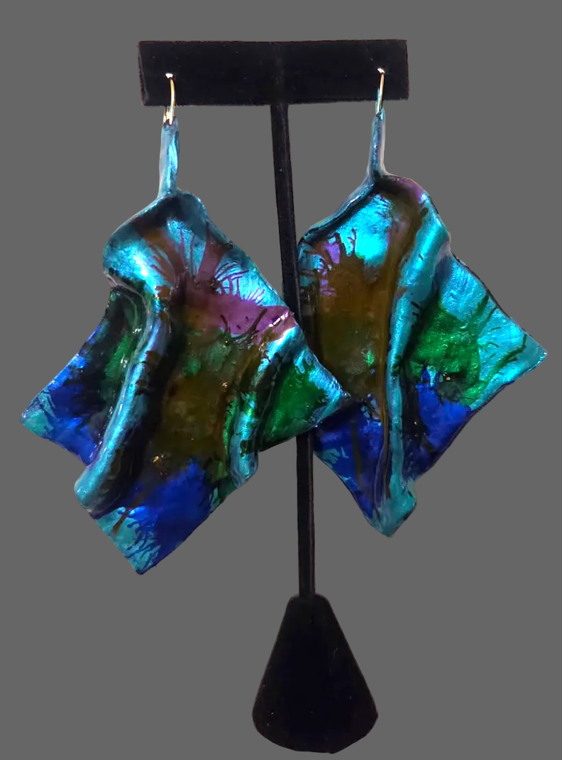 Sculpted Avant Garde Jewel Tone Alcohol Ink Pierced Earrings - Couture