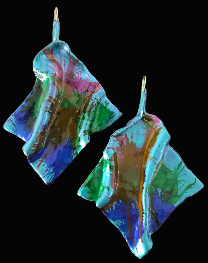 Sculpted Avant Garde Jewel Tone Alcohol Ink Pierced Earrings - Couture