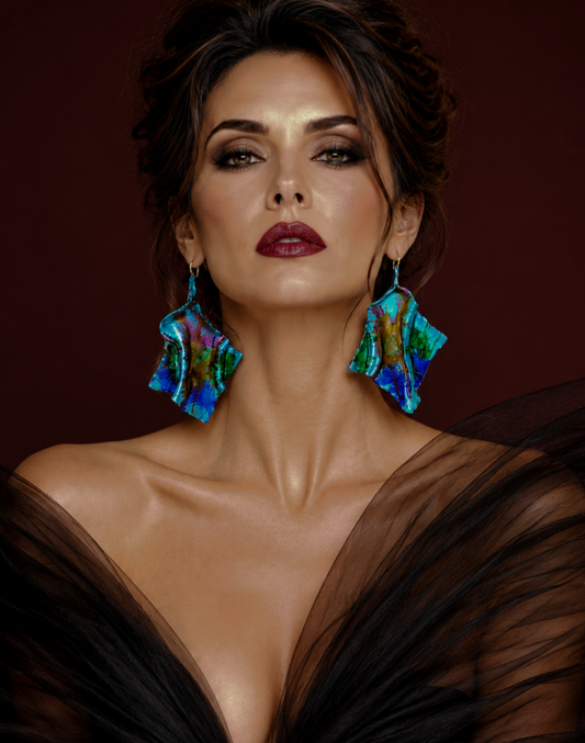 Sculpted Avant Garde Jewel Tone Alcohol Ink Pierced Earrings - Couture