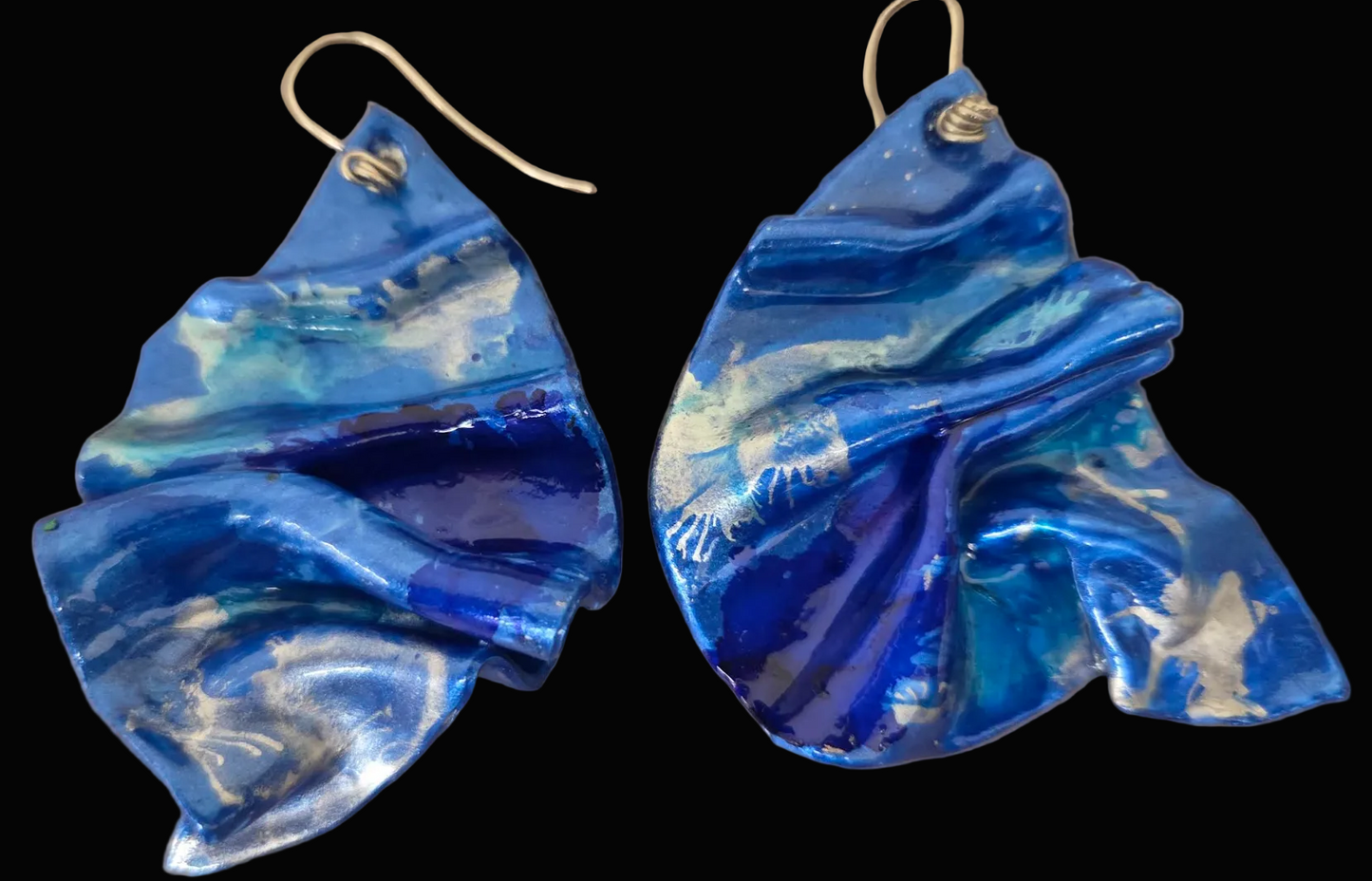 Blue & Silver Alcohol Ink Hand Sculpted Artisan Pierced Earrings