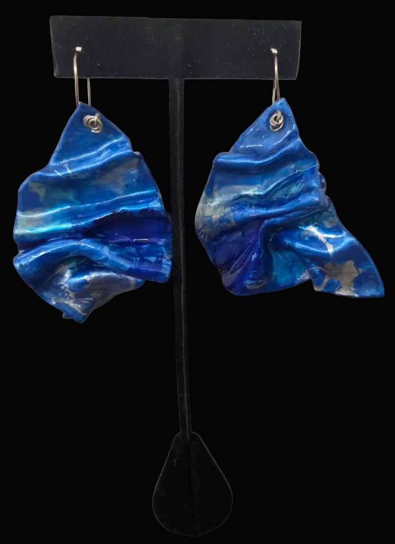 Blue & Silver Alcohol Ink Hand Sculpted Artisan Pierced Earrings