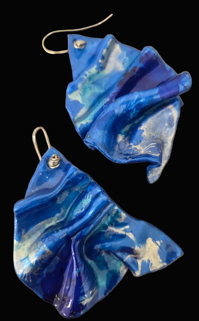 Blue & Silver Alcohol Ink Hand Sculpted Artisan Pierced Earrings